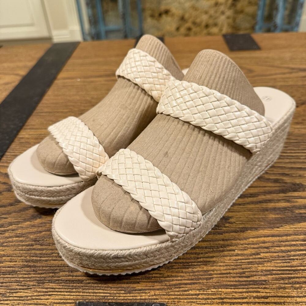 F15 -Women's Beige Woven Strap Wedge Sandals